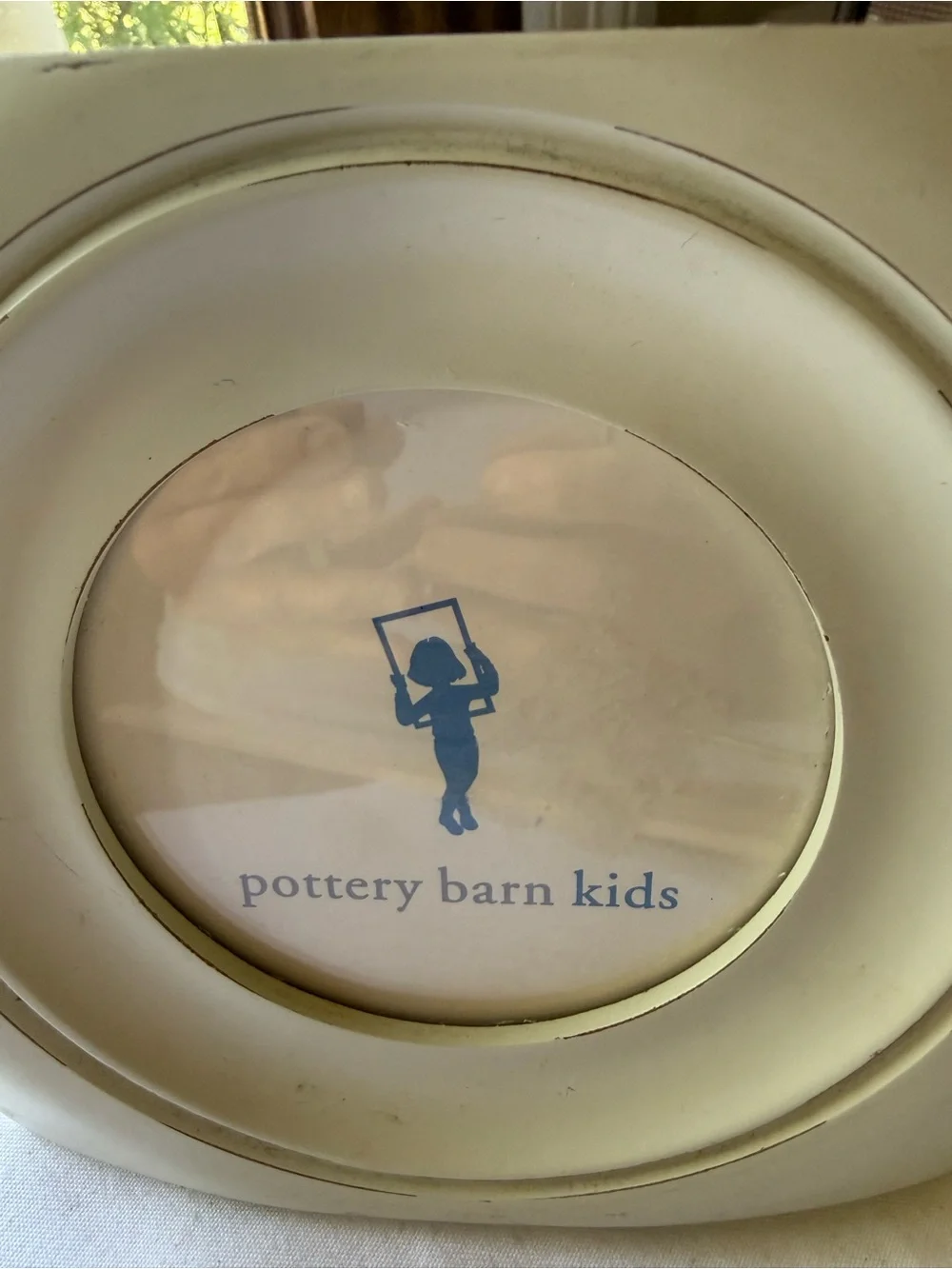 White Pottery Barn Kids Wooden Square Picture Frame with Circle Opening